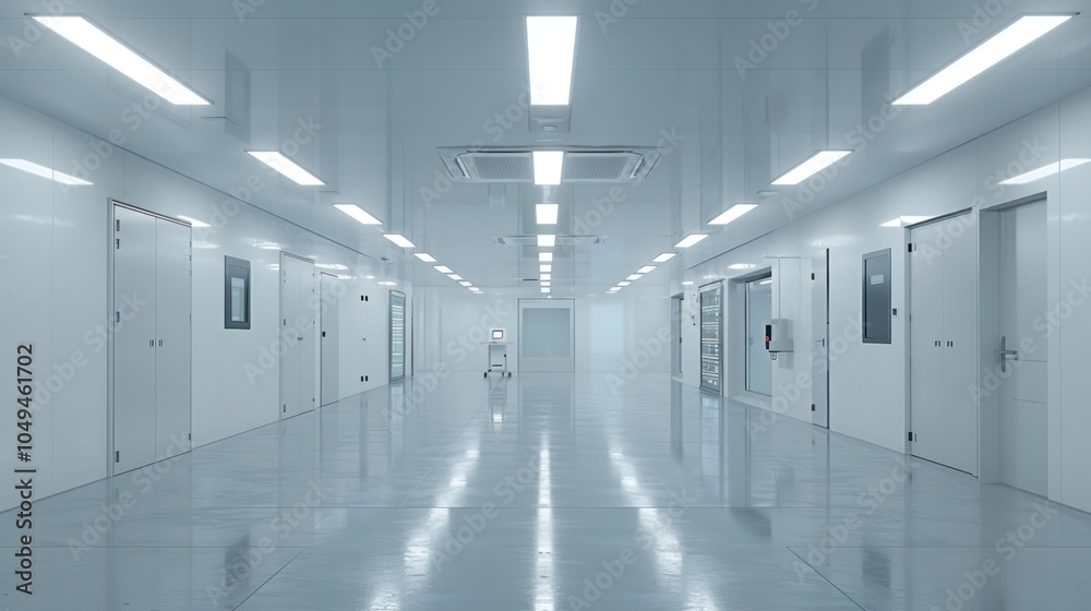 Fototapeta premium Sterile Corridor with White Walls and Doors in a Modern Facility
