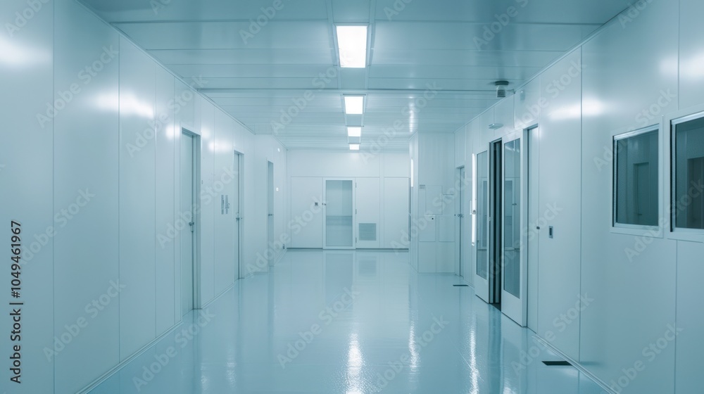 Empty Sterile Corridor with White Walls and Doors Empty Sterile Corridor with White Walls and Doors