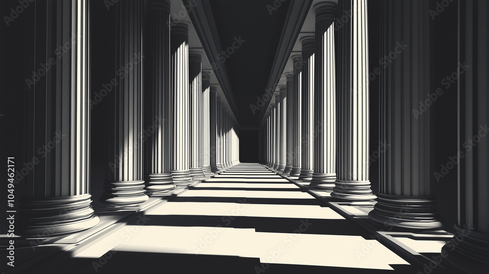 The monochrome background depicts a long corridor in a building The monochrome background depicts a long corridor in a building