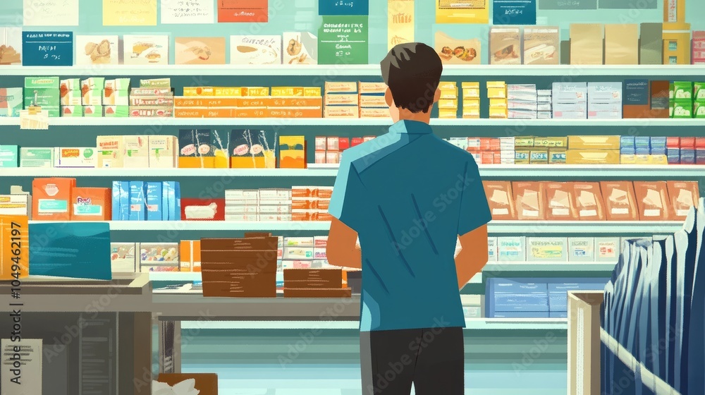 Back view of a staff member checking merchandise in a supermarket
