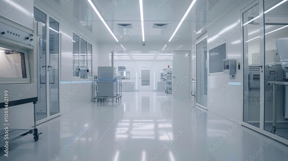 Sterile White Room with Glass Partitions and Medical Equipment Sterile White Room with Glass Partitions and Medical Equipment