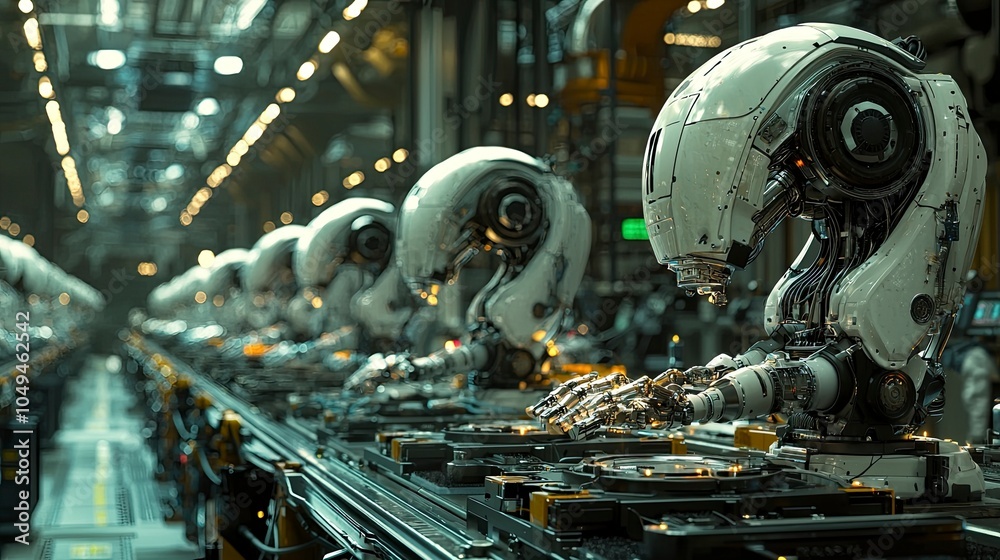 Advanced robots assembling in a futuristic production line environment Advanced robots assembling in a futuristic production line environment