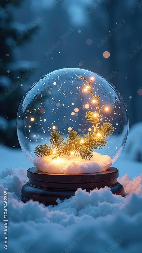 Christmas tree branch glowing inside glass ball, New Year's Eve Christmas tree branch glowing inside glass ball, New Year's Eve