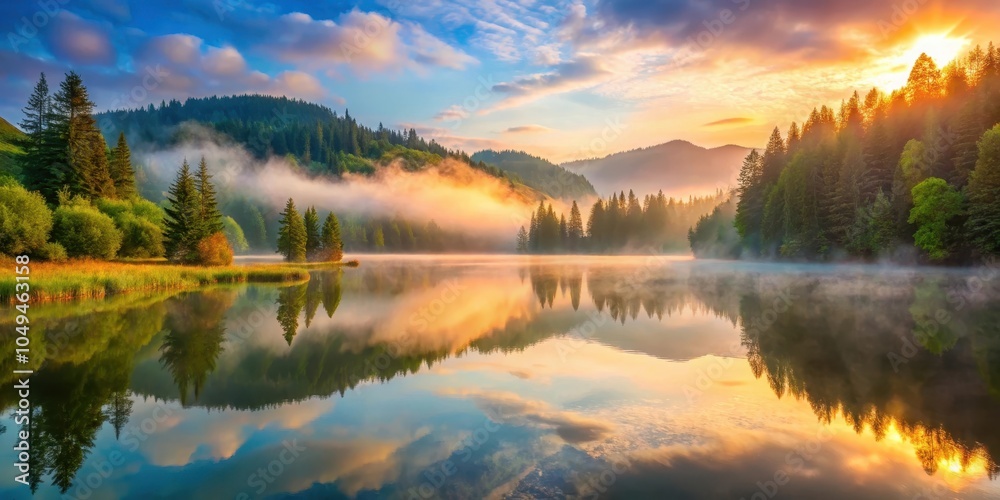 Obraz premium A serene mountain lake reflecting the fiery colors of a sunrise, with wispy clouds floating above the peaks and mist rising from the water