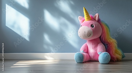 Cute unicorn plush toy sitting on the floor by the wall