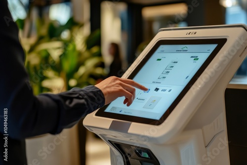 Hotel guest checking in using a tablet kiosk â€“ A modern self-service check-in counter with a traveler tapping on a tablet screen, efficient and high-tech environment, realistic photo style.  photo