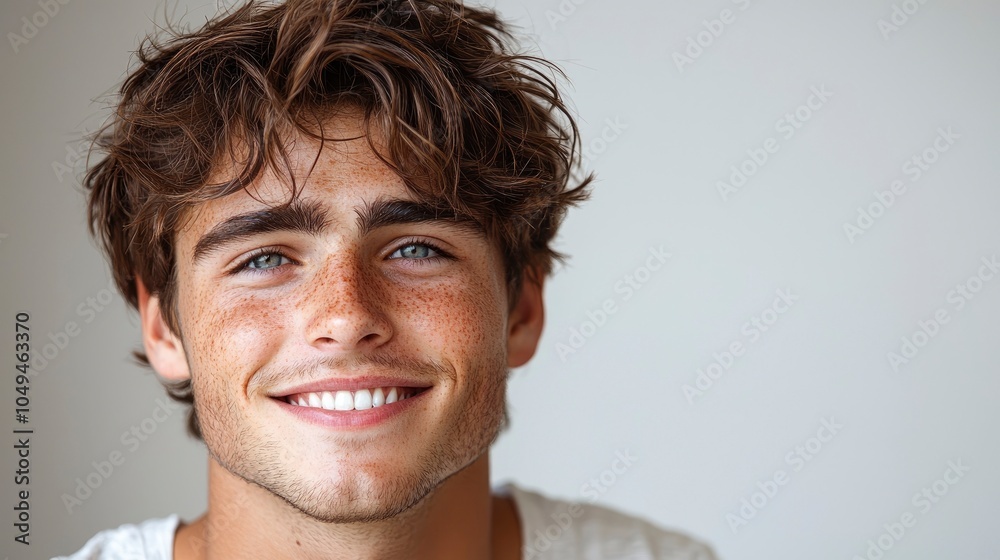 Young man smiling with short curly hair and freckles indoors Young man smiling with short curly hair and freckles indoors
