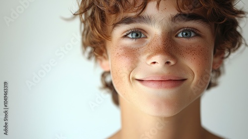 Joyful young boy with freckles smiling brightly at the camera