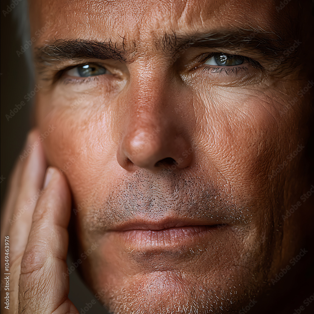 Obraz premium Intense close-up of a thoughtful mature man