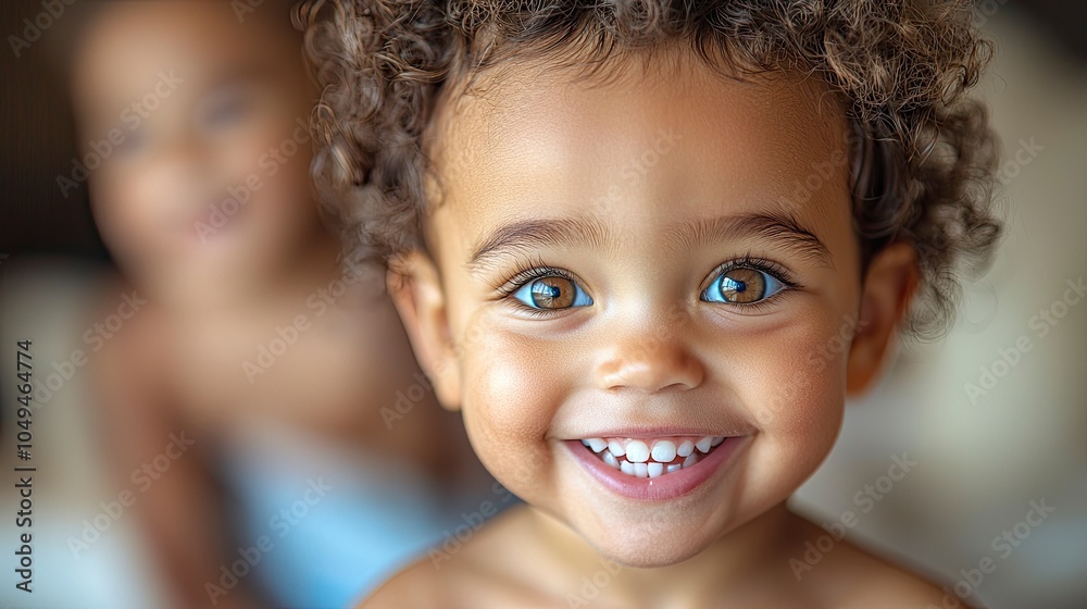 Joyful toddler with curly hair smiling brightly at the camera Joyful toddler with curly hair smiling brightly at the camera