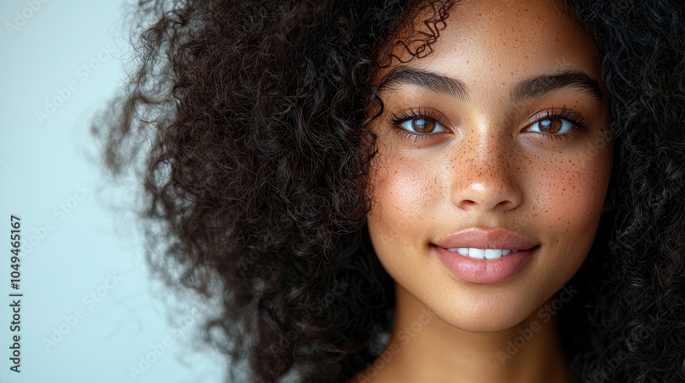 Young woman with curly hair and freckles smiling at the camera Young woman with curly hair and freckles smiling at the camera