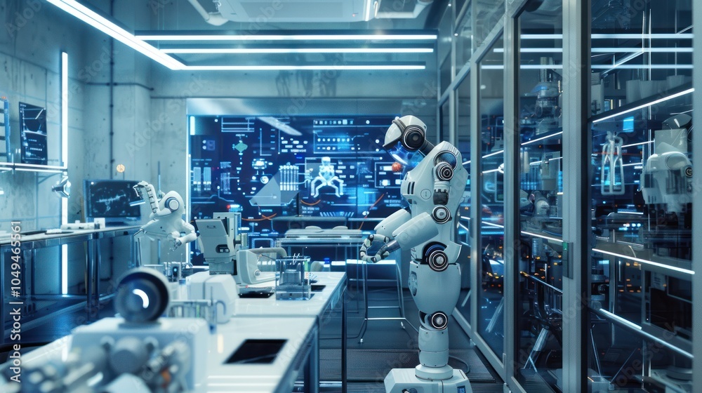 Futuristic Robots Working in a Modern Laboratory Futuristic Robots Working in a Modern Laboratory
