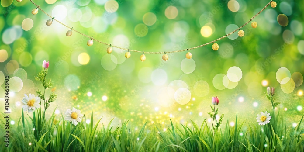 Obraz premium Golden orbs strung amidst a lush green meadow, with delicate daisies and vibrant blooms, creating a vibrant spring backdrop.