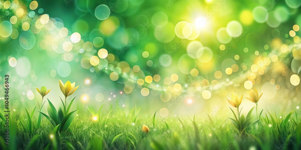 Obraz premium A whimsical springtime scene with delicate yellow flowers blooming amidst lush green grass, adorned with a shimmering trail of light and a soft, sun-drenched bokeh background.