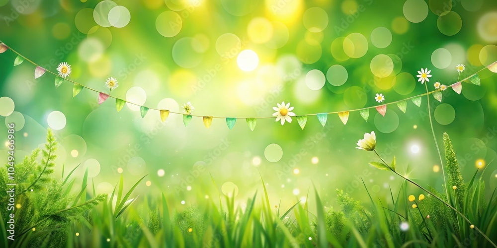 Obraz premium A whimsical scene of green grass, tiny white flowers, and colorful bunting strung across a dreamy, bokeh-filled background.
