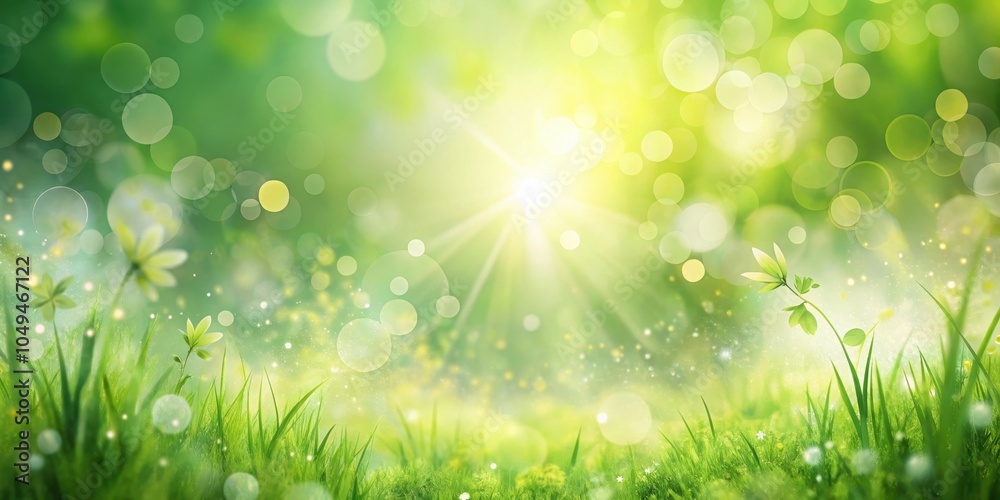 Obraz premium Sunbeams illuminate a field of green grass and delicate flowers, creating a dreamy and idyllic scene.