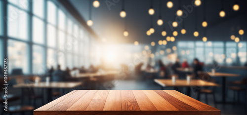 Sunlit cafeteria with polished wood surface; great for food advertisements or blogs.