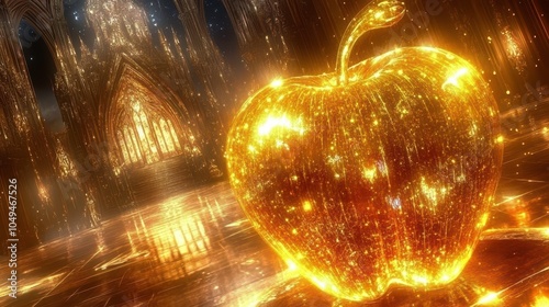 Discover the enchantment of the golden apple in a mystical fantasy setting illuminated by sparkling light