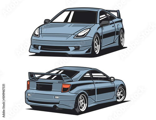 front and back view of 90s car vector design in blue tone illustration graphic