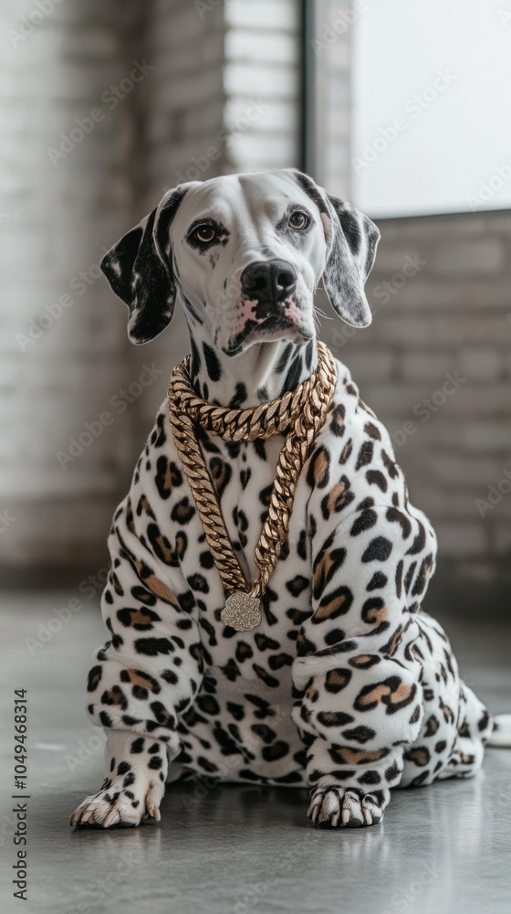 A Dalmatian wearing a leopard print jacket and a gold chain around its neck A Dalmatian wearing a leopard print jacket and a gold chain around its neck