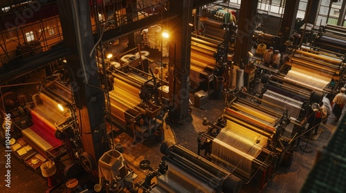 An overhead view of a textile factory with looms in operation.