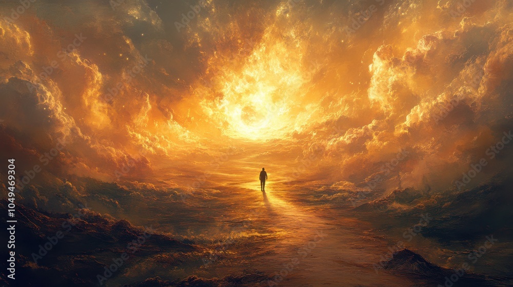 The sky is filled with clouds, giving the scene a dreamy and ethereal feel The sky is filled with clouds, giving the scene a dreamy and ethereal feel