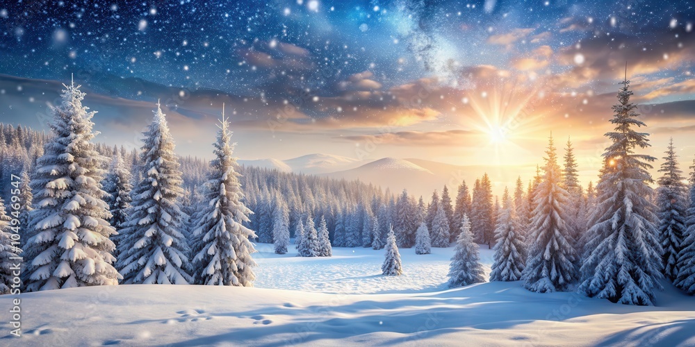 Fototapeta premium A breathtaking winter landscape with snow-covered trees and a golden sunrise casting long shadows on the pristine white snow.