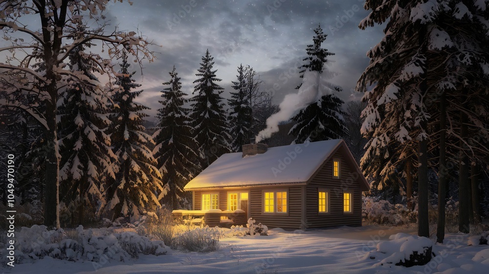 A cozy cabin sits nestled in a snowy forest, smoke curling from its chimney, creating a picturesque winter wonderland scene A cozy cabin sits nestled in a snowy forest, smoke curling from its chimney, creating a picturesque winter wonderland scene