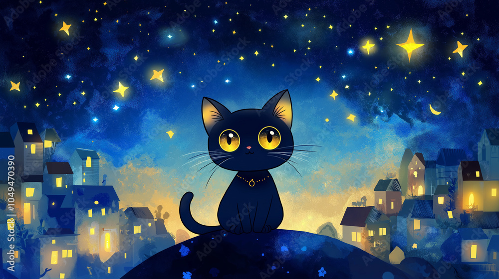 Fototapeta premium A cute cat sitting and observing the twinkling stars in the night sky.