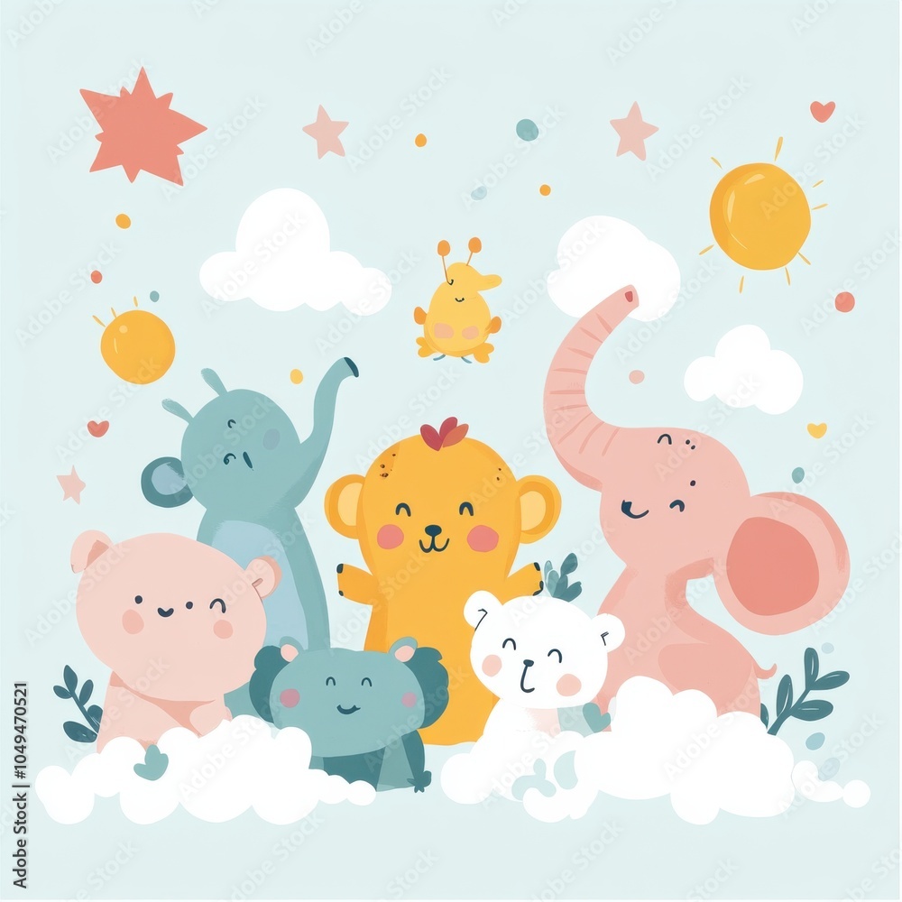 Fototapeta premium A group of cartoon animals are gathered together, including a bear, a monkey