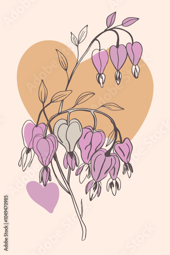 Bleeding Heart Branch with Flowers and Color Blobs Vector Illustration in Artistic Style
