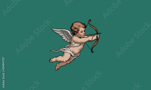 Cupid with bow and arrow flying gracefully in the sky.