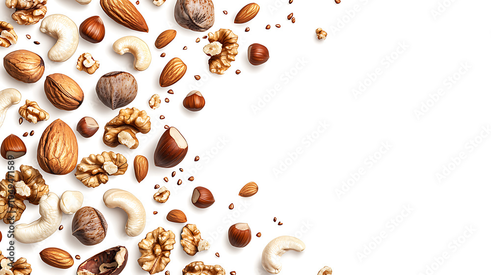 Obraz premium Assorted nuts scattered on a white background