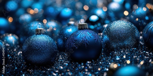 a group of blue christmas balls on a table