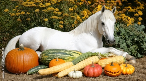Majestic white horse relaxes among vibrant pumpkins and fresh vegetables in autumn garden setting