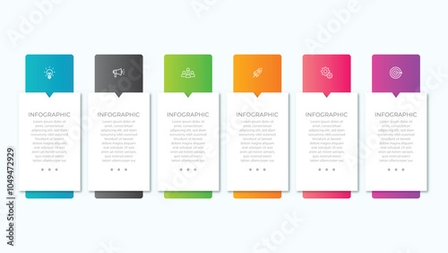 Concept of arrow business model with 6 successive steps. Six colorful graphic elements. Timeline design for brochure, presentation. Infographic design layout