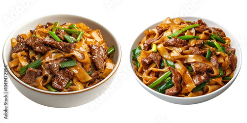Delicious beef chow fun with noodles, collection, clipart, isolated on transparent background.