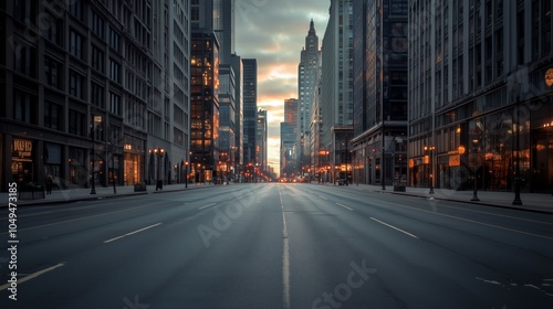 Deserted cityscape dawn streets haunting empty urban landscape buildings. AI generated