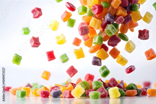 Colorful jelly gummie cube fall in the air. Sweet snack theme photo