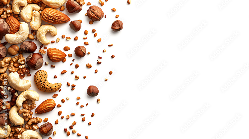 Obraz premium Assorted nuts and seeds on a white background