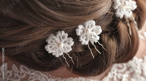 This set of hairpins features delicate white lace and pearls adding a touch of elegance to a simple halfup hairdo for a romantic evening out. photo