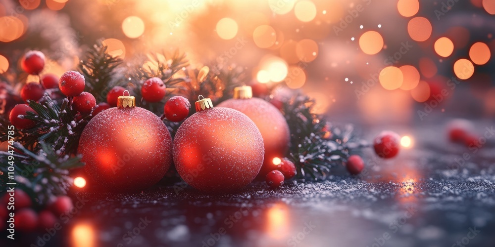 christmas balls and holly on a snowy background christmas balls and holly on a snowy background