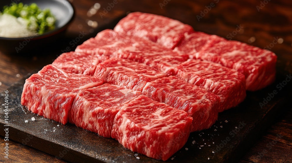 A slab of meat is displayed on a wooden cutting board A slab of meat is displayed on a wooden cutting board