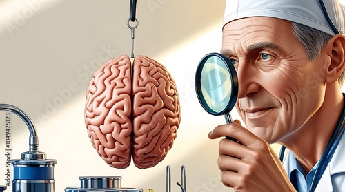 Neurosurgeon Examining Brain, A detailed illustration of a senior neurosurgeon meticulously examining a human brain through a magnifying glass, surrounded by surgical instruments. photo