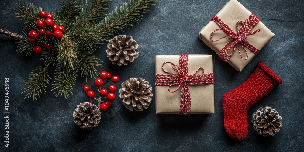 a christmas present with a red sock and pine cones a christmas present with a red sock and pine cones