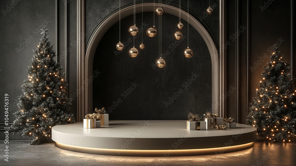 Fototapeta premium New Year background. Christmas tree with garlands and boxes with gifts near the round podium. Christmas background.