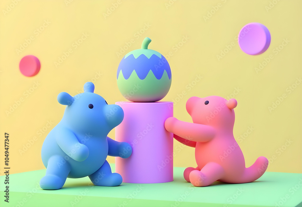 Colorful 3D cartoon bears playfully interacting with geometric shapes, showcasing fun and imaginative scene. vibrant colors and playful design evoke sense of joy and creativity Colorful 3D cartoon bears playfully interacting with geometric shapes, showcasing fun and imaginative scene. vibrant colors and playful design evoke sense of joy and creativity