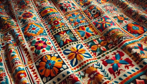 Colorful Floral Embroidery Fabric Pattern Background