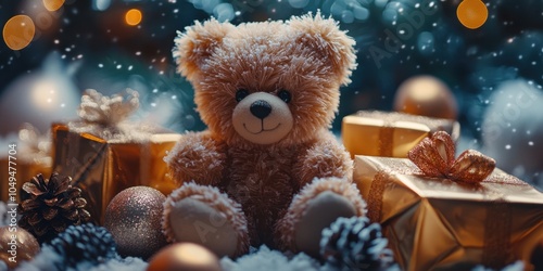 a teddy bear sitting in a pile of presents