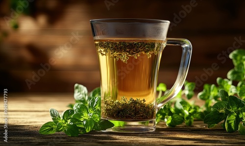 A glass mug filled with herbal tea sits on a wooden table, surrounded by sprigs of fresh oregano.